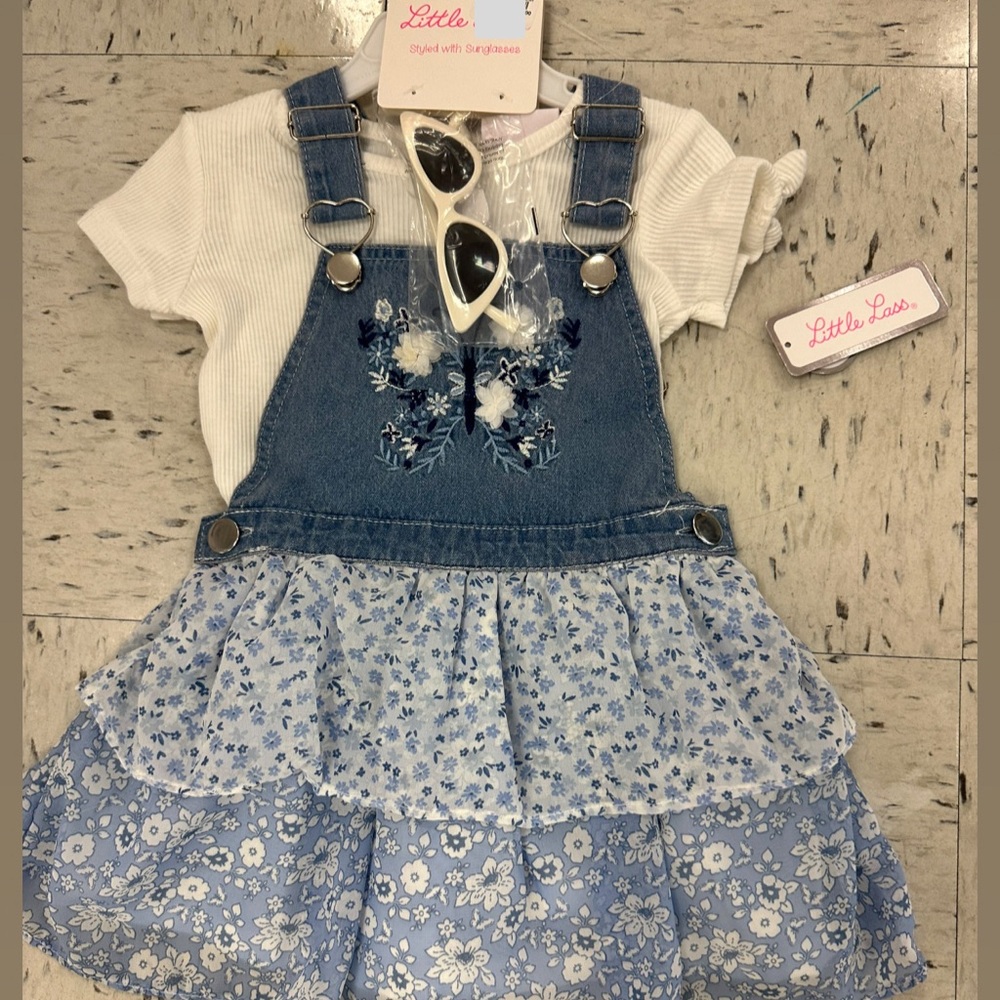 Little Lass Blue and White Floral Denim Overalls